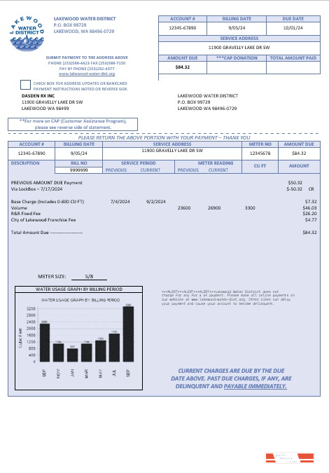 USA Lakewood Water District business utility bill template in Word and PDF formats